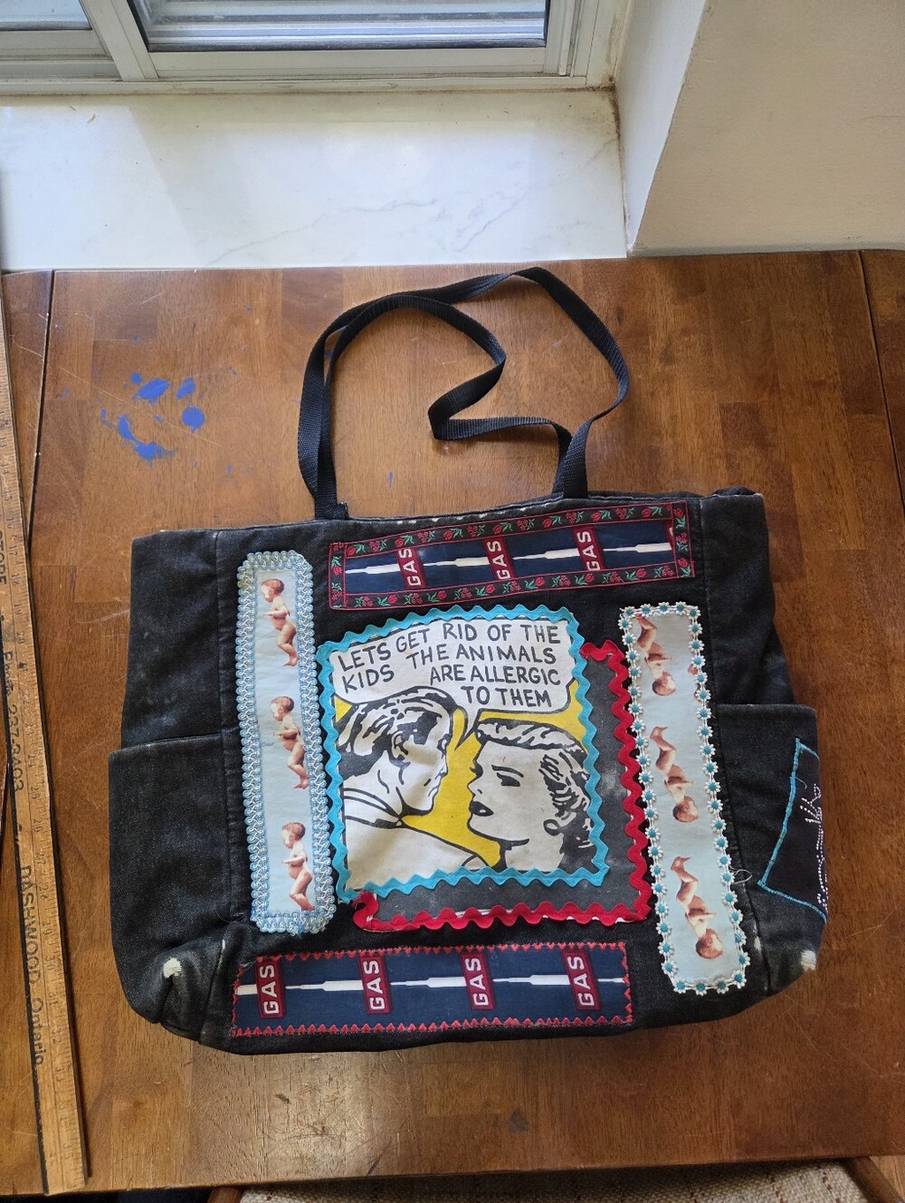 Vintage Upcycled Black Denim XL Tote Bag 22x16 - One-of-a-Kind Handmade Pop Art